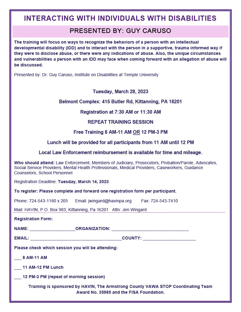 INTERACTING WITH INDIVIDUALS WITH DISABILITIES Training March 28, 2023, Belmont Complex Armstrong Co