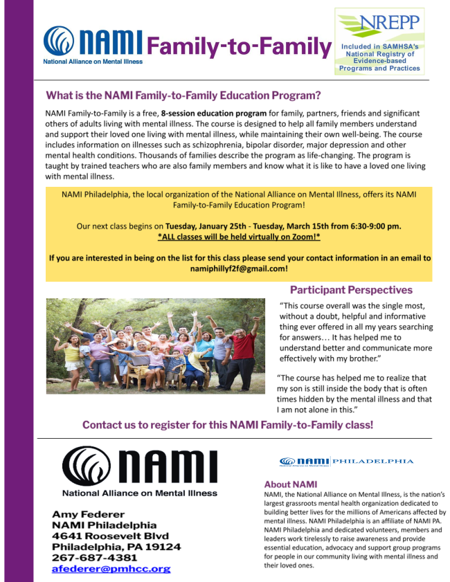NAMI FAMILY TO FAMILY Education Program for those who have loved ones living with Mental Illness!