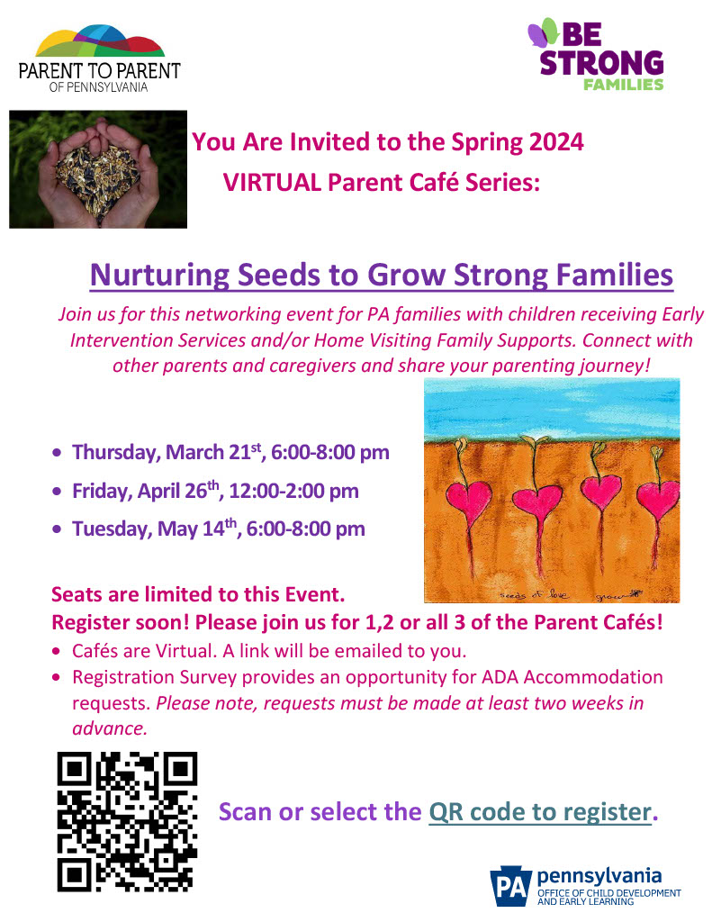 You Are Invited to the Spring 2024 VIRTUAL Parent Café Series: Parent to Parent!