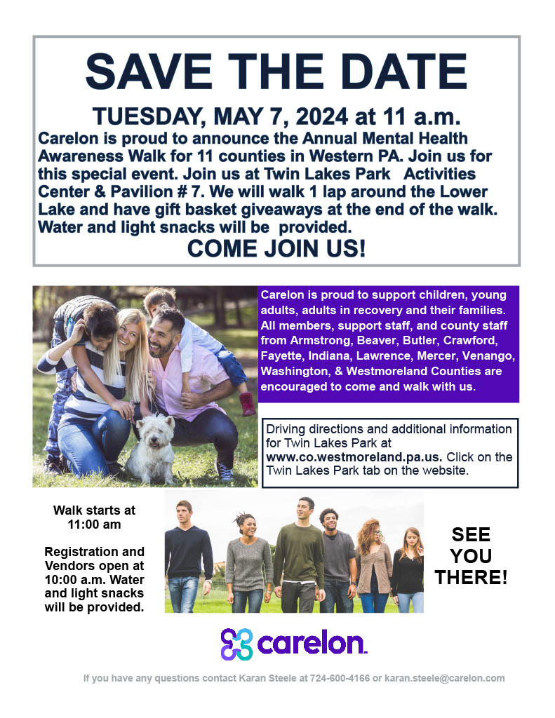 ANNUAL MENTAL HEALTH AWARENESS WALK! May 7, 2024, 11 AM Westmoreland County Twin Lakes Park
