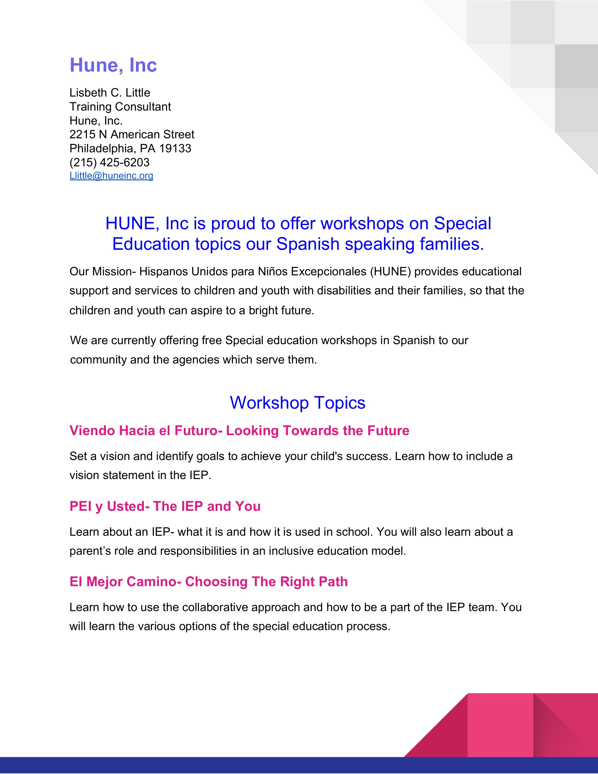 SPECIAL EDUCATION WORKSHOPS IN SPANISH