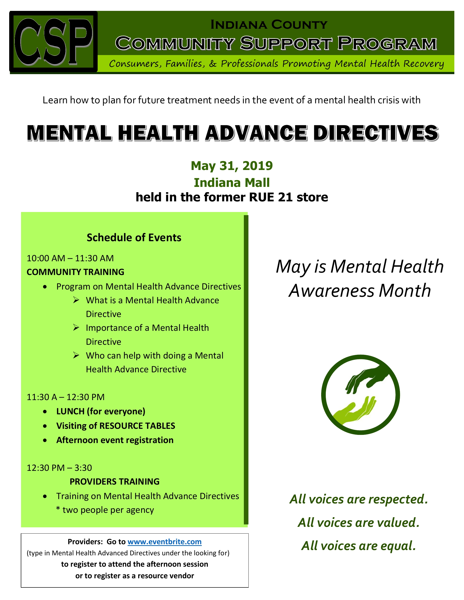 May 31st Mental Health Advanced Directive Event Indiana PA